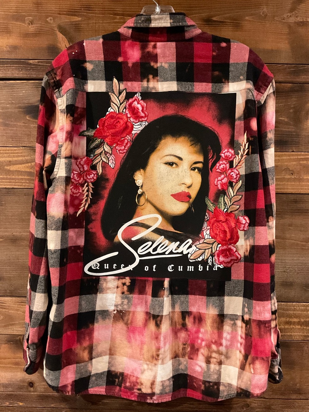 Custom SELENA “Queen of Cumbria” Bleached Distressed Flannel LARGE w/Embroidery